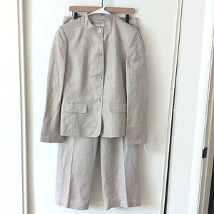 Calvin Klein Linen Blend Long Sleeve Pantsuit Women's Khaki White Size 10 NWT